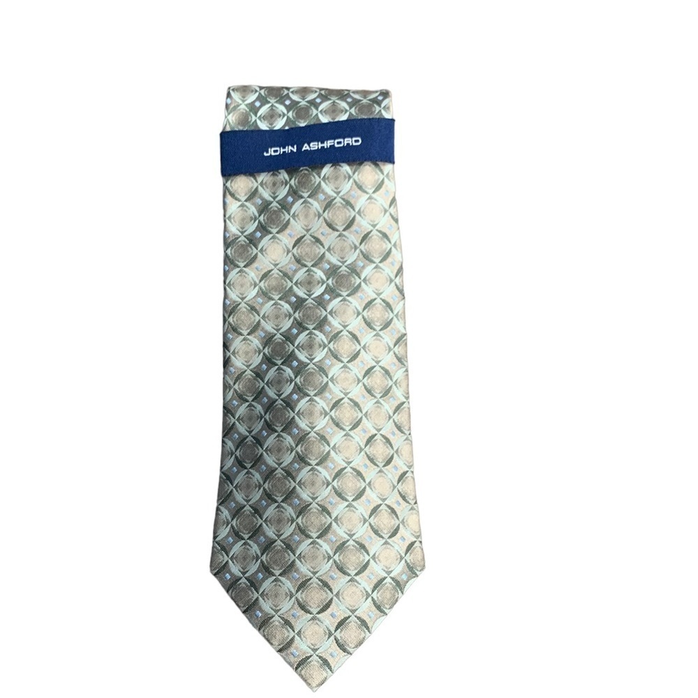 John Ashford Tan Cream & Blue‎ Geometric Circle Pattern 100% Silk Tie NWT